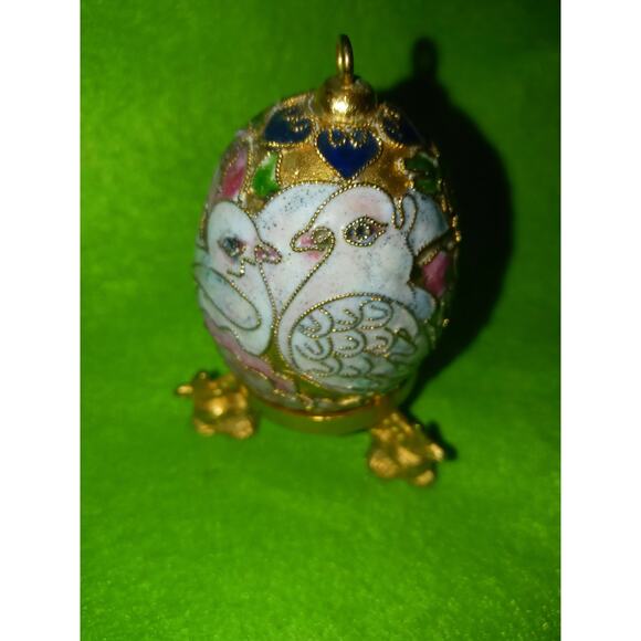 Cloisonne Egg Ornament Vtg Love Birds Enamel With Goldtone Stand - Picture 5 of 6